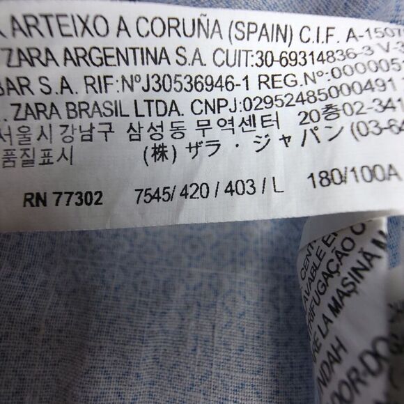 ZARA MAN 100% Linen Slim Fit Long Sleeve Button Down Shirt Mens Large Blue Print - Picture 7 of 8